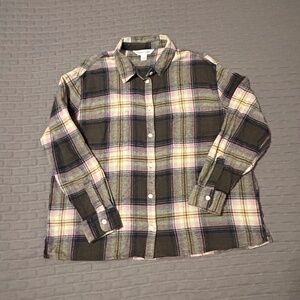 Old Navy-Women's Plaid Boyfriend Shirt- Olive/Cream-Size L